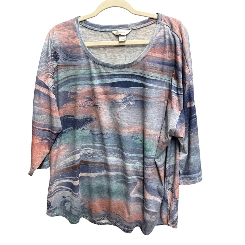 CJ Banks Abstract Marble Top Women 3X Blue Multi Excellent 3/4 Sleeve Knit